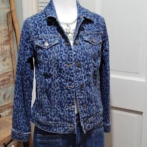 Chico's Jean Jacket Womens Size S Blue Leopard Print, Boho, Festival, Retro